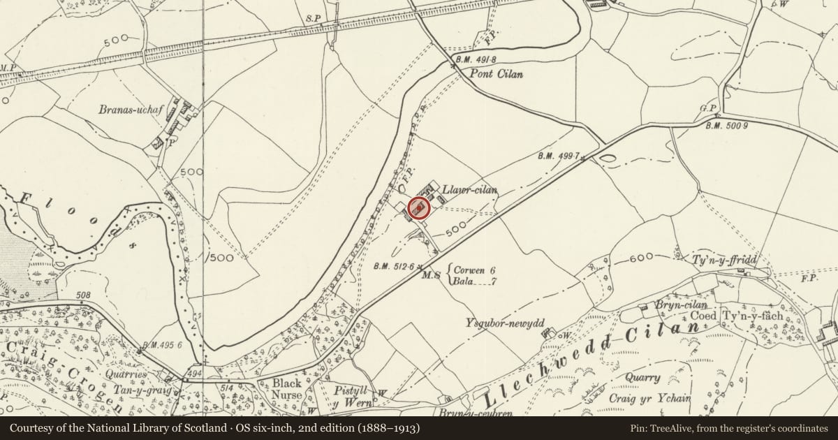 Ordnance Survey six-inch map, 2nd edition (1888–1913) covering the location of Llawr Cilan Farmhouse, Llandrillo, Denbighshire, with a pin at the register's coordinates