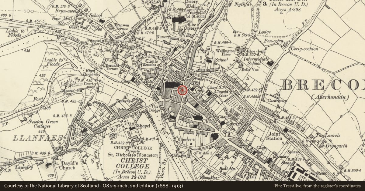 Ordnance Survey six-inch map, 2nd edition (1888–1913) covering the location of Punch Bowl Public House, Brecon, Powys, with a pin at the register's coordinates