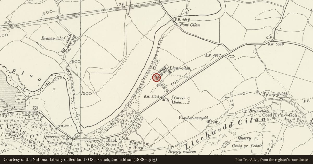 Ordnance Survey six-inch map, 2nd edition (1888–1913) covering the location of Cart-shed and Stables to SW of Llawr Cilan Farmhouse, Llandrillo, Denbighshire, with a pin at the register's coordinates