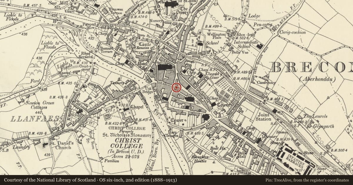 Ordnance Survey six-inch map, 2nd edition (1888–1913) covering the location of 43 High Street Inferior, Brecon, Powys, with a pin at the register's coordinates