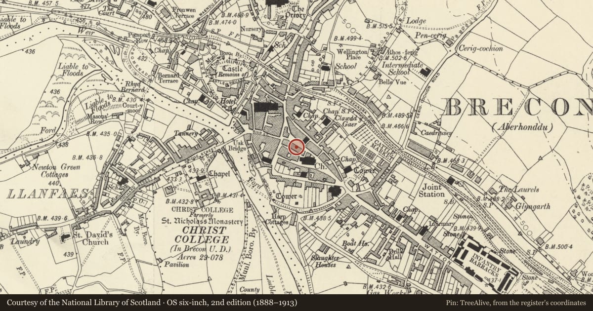 Ordnance Survey six-inch map, 2nd edition (1888–1913) covering the location of 49 High Street Inferior, Brecon, Powys, with a pin at the register's coordinates