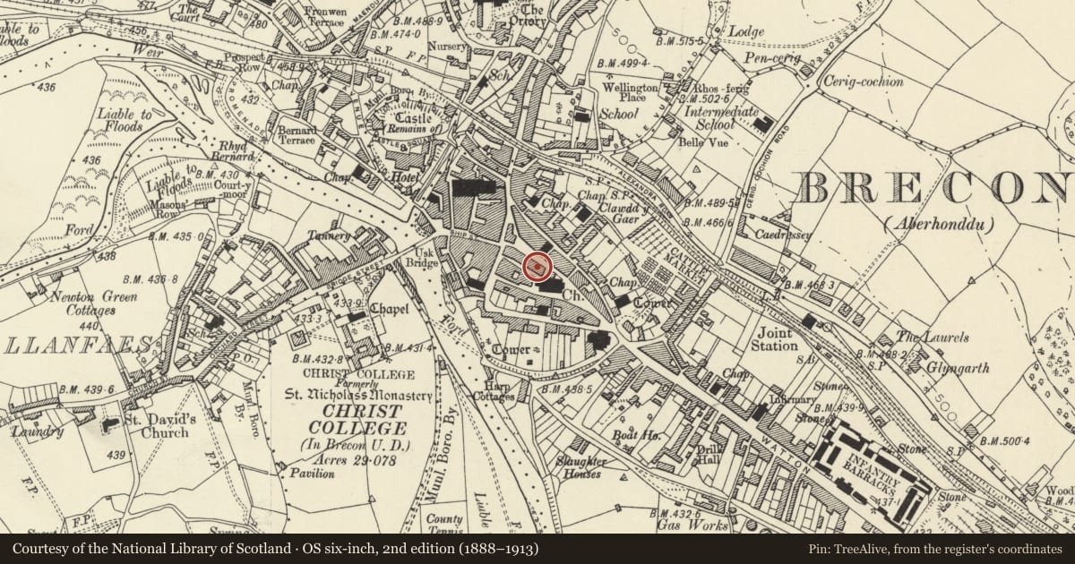 Ordnance Survey six-inch map, 2nd edition (1888–1913) covering the location of 52 High Street Inferior, Brecon, Powys, with a pin at the register's coordinates