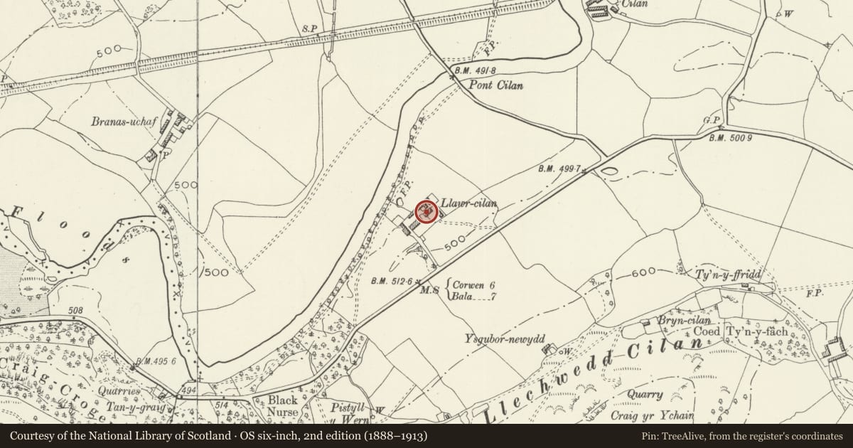 Ordnance Survey six-inch map, 2nd edition (1888–1913) covering the location of Cow-house and adjoining Cart-shed to N of Llawr Cilan Farmhouse, Llandrillo, Denbighshire, with a pin at the register's coordinates