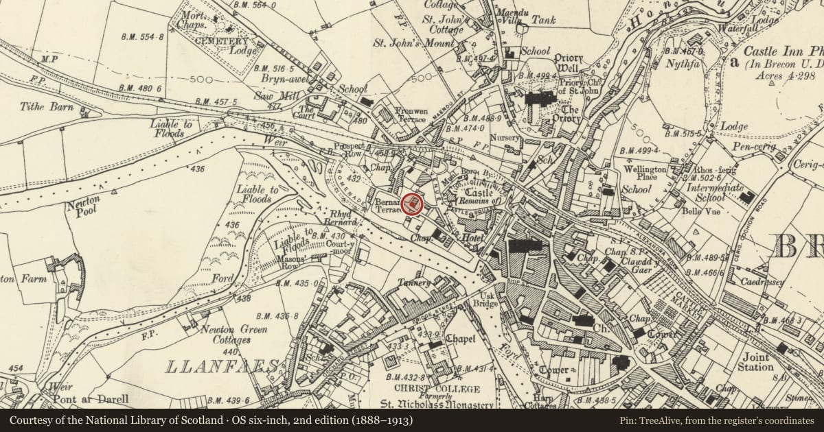 Ordnance Survey six-inch map, 2nd edition (1888–1913) covering the location of 1 Kensington Row, Brecon, Powys, with a pin at the register's coordinates