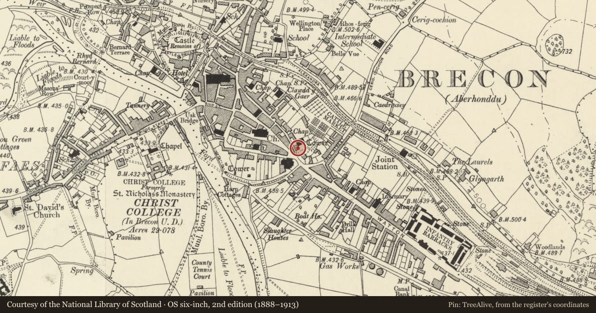 Ordnance Survey six-inch map, 2nd edition (1888–1913) covering the location of 1 Lion Street, Brecon, Powys, with a pin at the register's coordinates