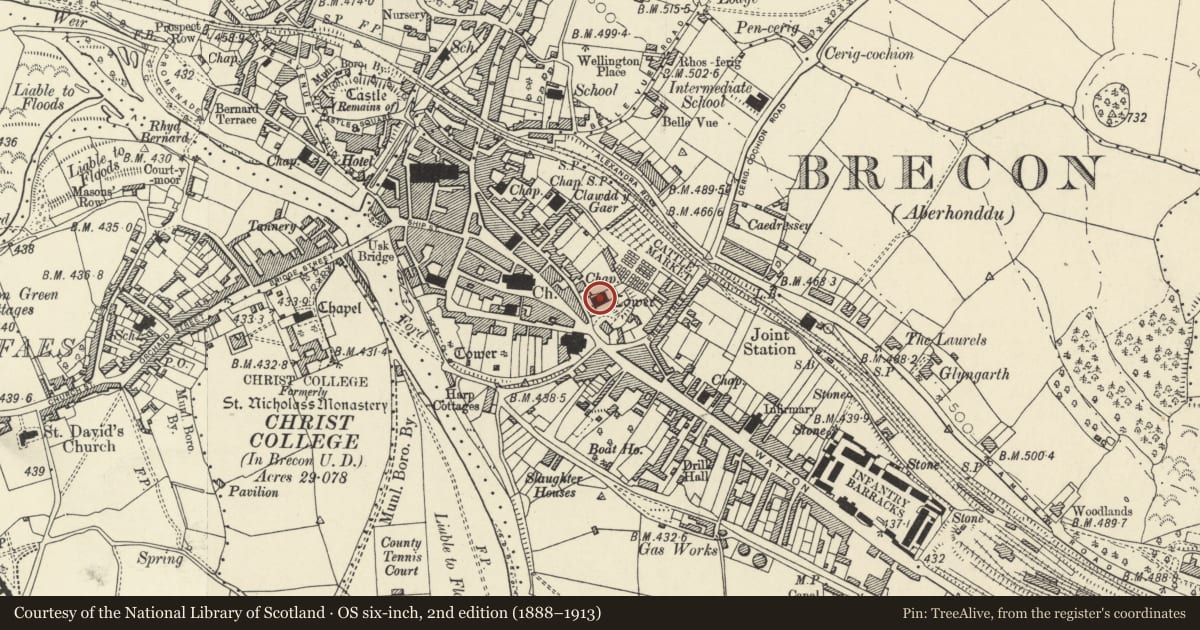 Ordnance Survey six-inch map, 2nd edition (1888–1913) covering the location of Plough United Reformed Church, Brecon, Powys, with a pin at the register's coordinates