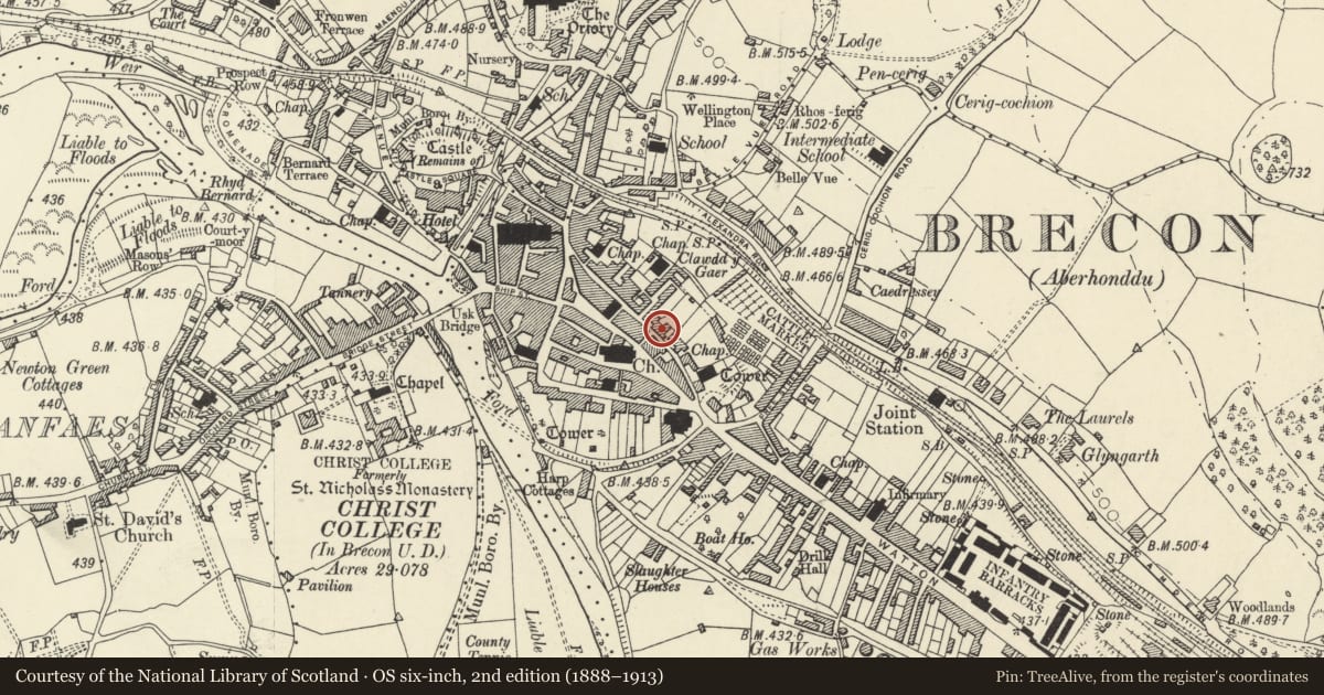 Ordnance Survey six-inch map, 2nd edition (1888–1913) covering the location of Cantre Selyf, Brecon, Powys, with a pin at the register's coordinates