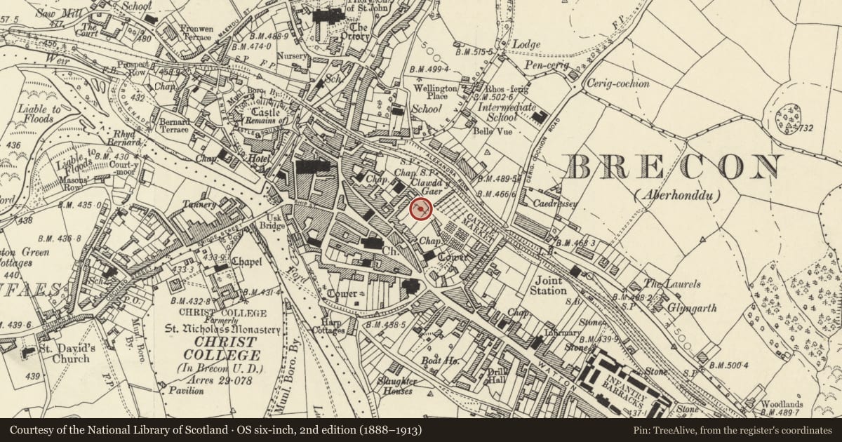 Ordnance Survey six-inch map, 2nd edition (1888–1913) covering the location of Rear Garden Wall to No.5 Lion Street, Brecon, Powys, with a pin at the register's coordinates