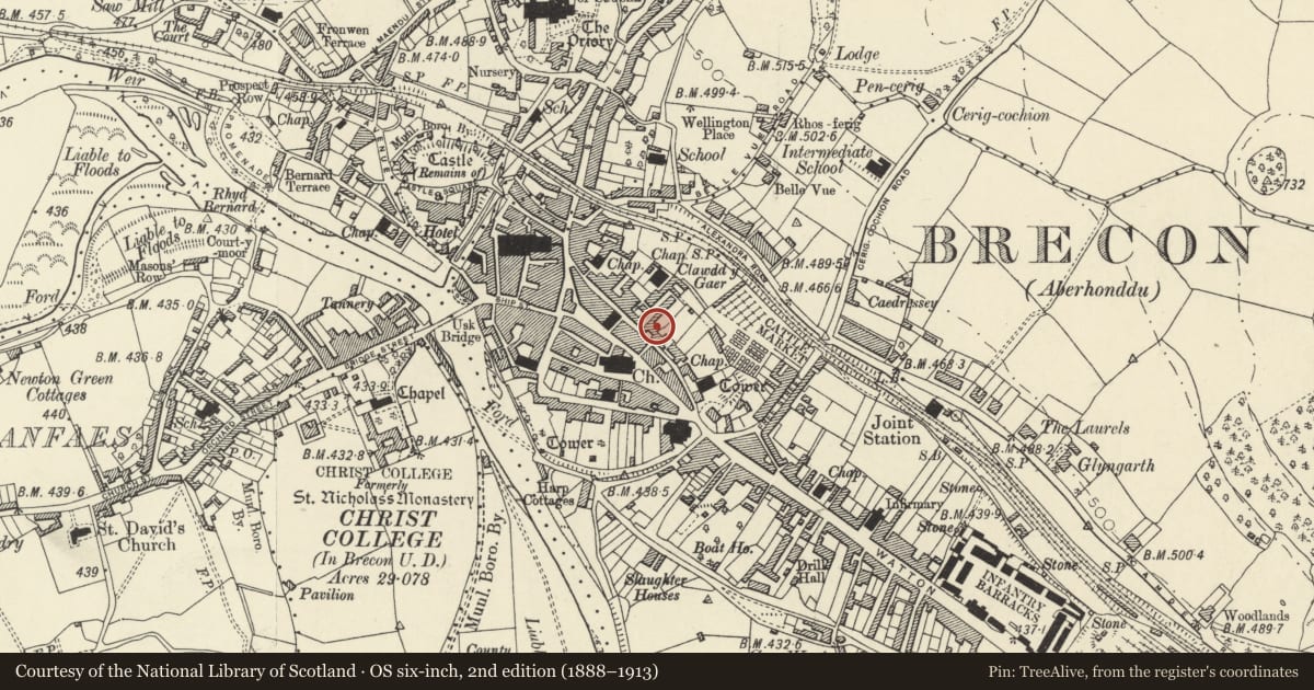 Ordnance Survey six-inch map, 2nd edition (1888–1913) covering the location of 6 Lion Street, Brecon, Powys, with a pin at the register's coordinates