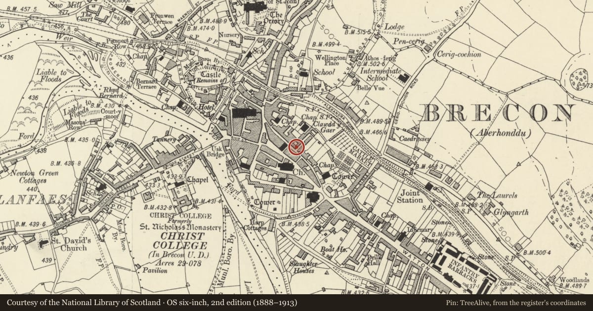 Ordnance Survey six-inch map, 2nd edition (1888–1913) covering the location of 7 Lion Street, Brecon, Powys, with a pin at the register's coordinates
