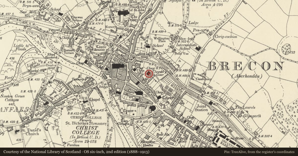Ordnance Survey six-inch map, 2nd edition (1888–1913) covering the location of Former Bethel Chapel (Boots), including Re-built Wall to rear, Brecon, Powys, with a pin at the register's coordinates