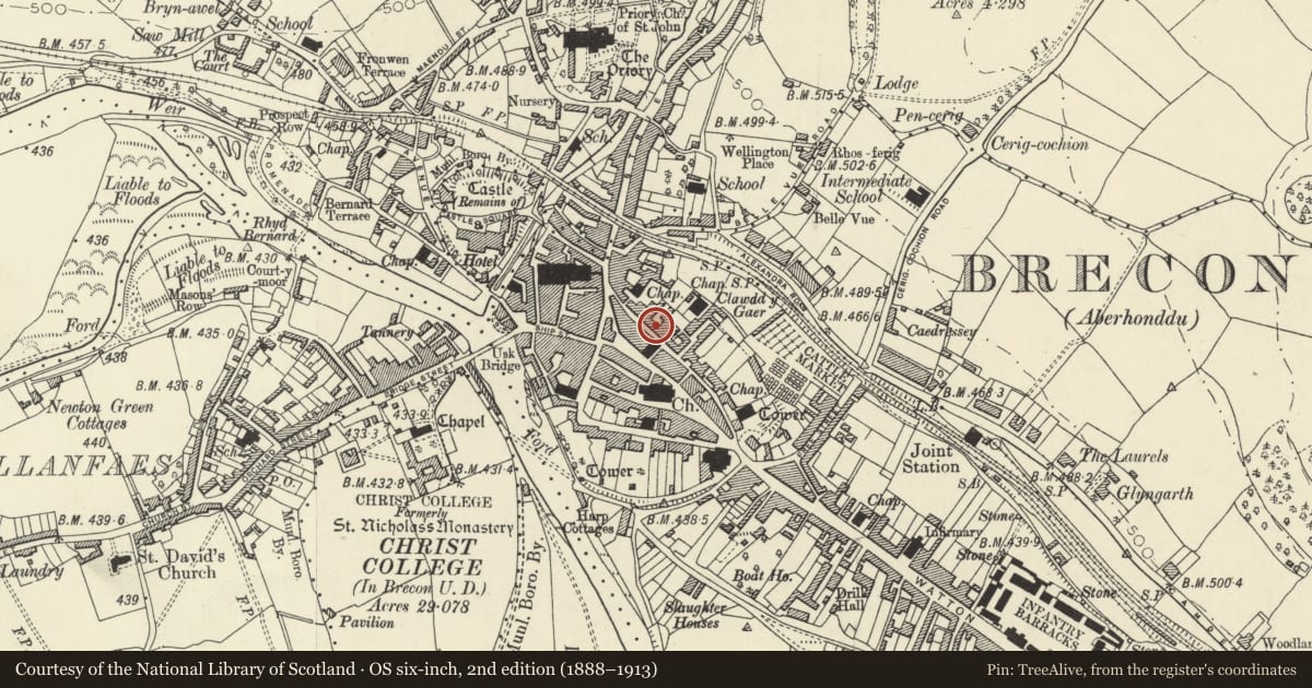 Ordnance Survey six-inch map, 2nd edition (1888–1913) covering the location of 10 Lion Street, Brecon, Powys, with a pin at the register's coordinates