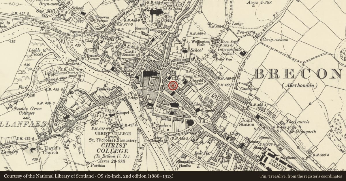 Ordnance Survey six-inch map, 2nd edition (1888–1913) covering the location of Church House, Brecon, Powys, with a pin at the register's coordinates