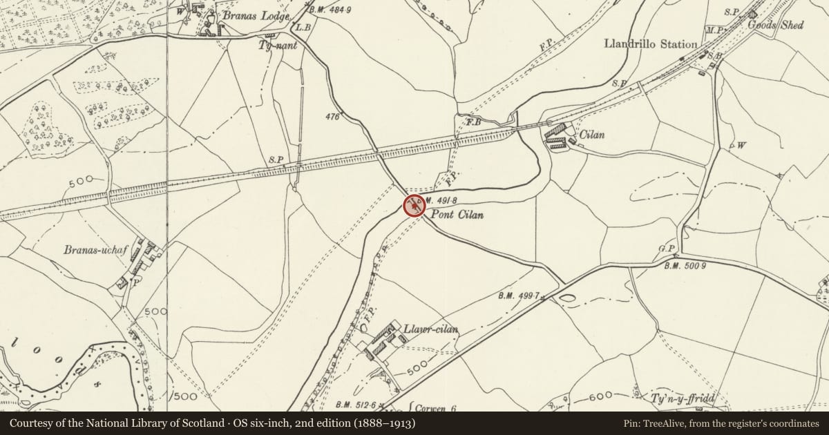 Ordnance Survey six-inch map, 2nd edition (1888–1913) covering the location of Pont Cilan, Llandrillo, Denbighshire, with a pin at the register's coordinates