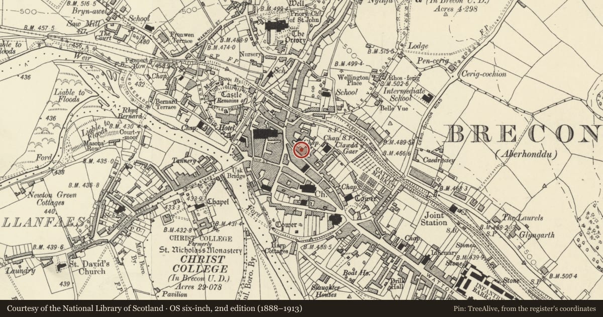 Ordnance Survey six-inch map, 2nd edition (1888–1913) covering the location of 12 Lion Street, Brecon, Powys, with a pin at the register's coordinates