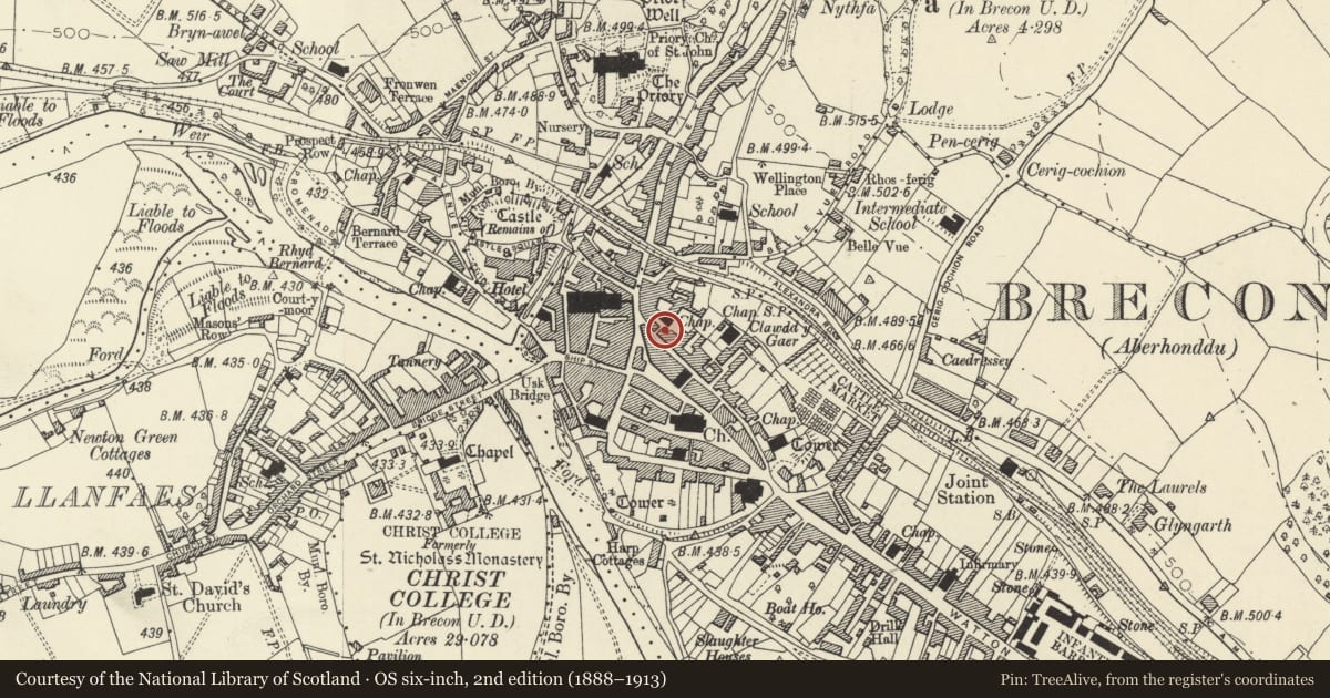 Ordnance Survey six-inch map, 2nd edition (1888–1913) covering the location of 13 Lion Street, Brecon, Powys, with a pin at the register's coordinates