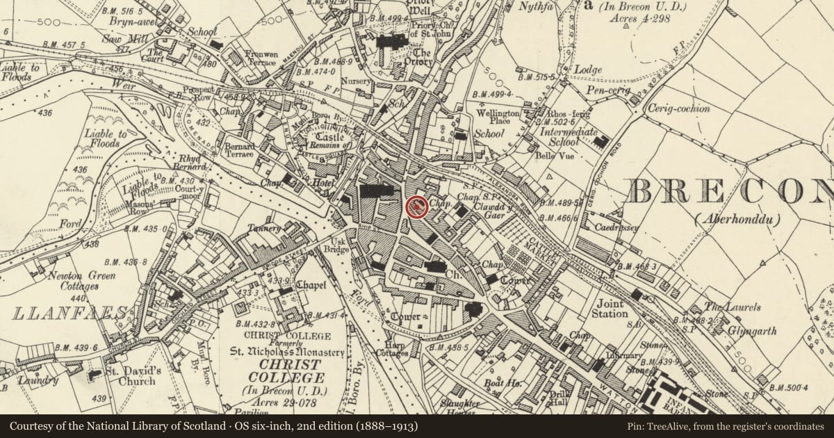 Ordnance Survey six-inch map, 2nd edition (1888–1913) covering the location of 14 Lion Street, Brecon, Powys, with a pin at the register's coordinates