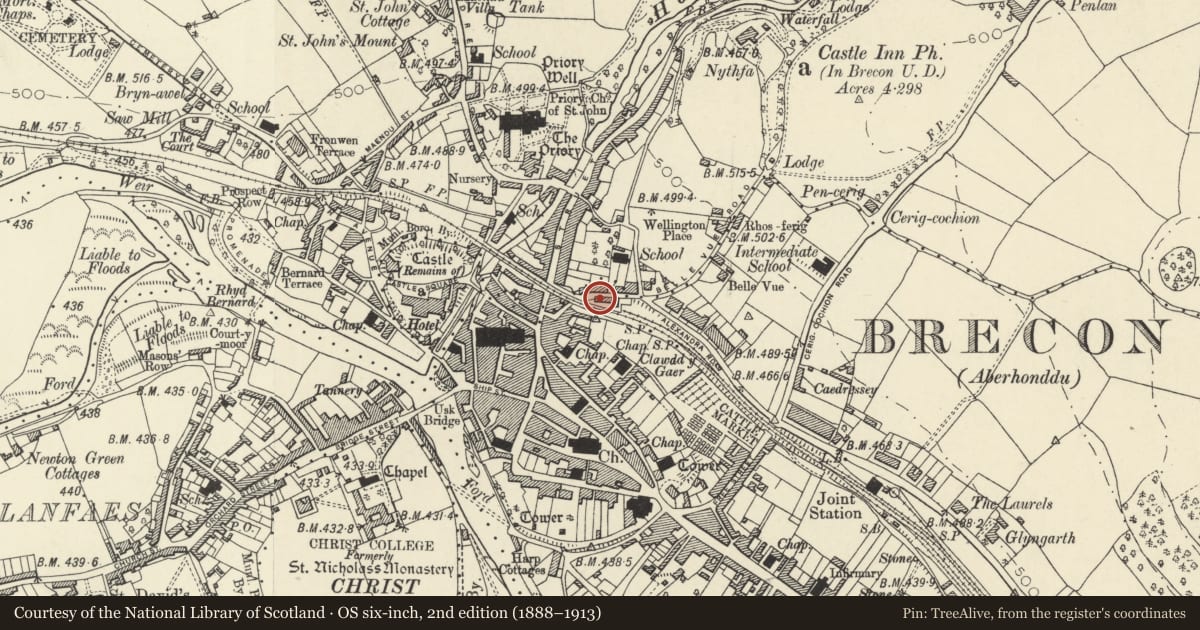 Ordnance Survey six-inch map, 2nd edition (1888–1913) covering the location of 1 Mount Street, Brecon, Powys, with a pin at the register's coordinates