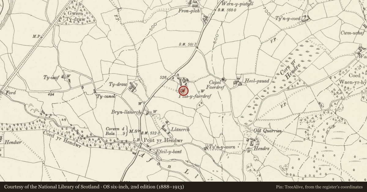 Ordnance Survey six-inch map, 2nd edition (1888–1913) covering the location of Plas-yn-Faerdref, Llandrillo, Denbighshire, with a pin at the register's coordinates