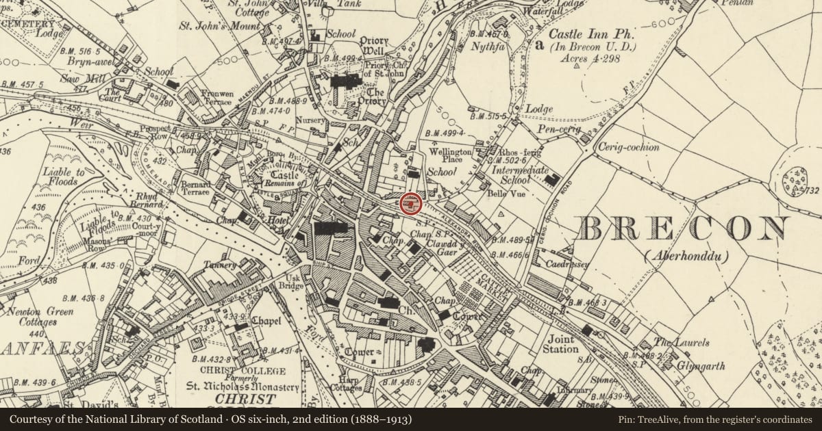 Ordnance Survey six-inch map, 2nd edition (1888–1913) covering the location of Mount Street House including forecourt wall and railings, Brecon, Powys, with a pin at the register's coordinates