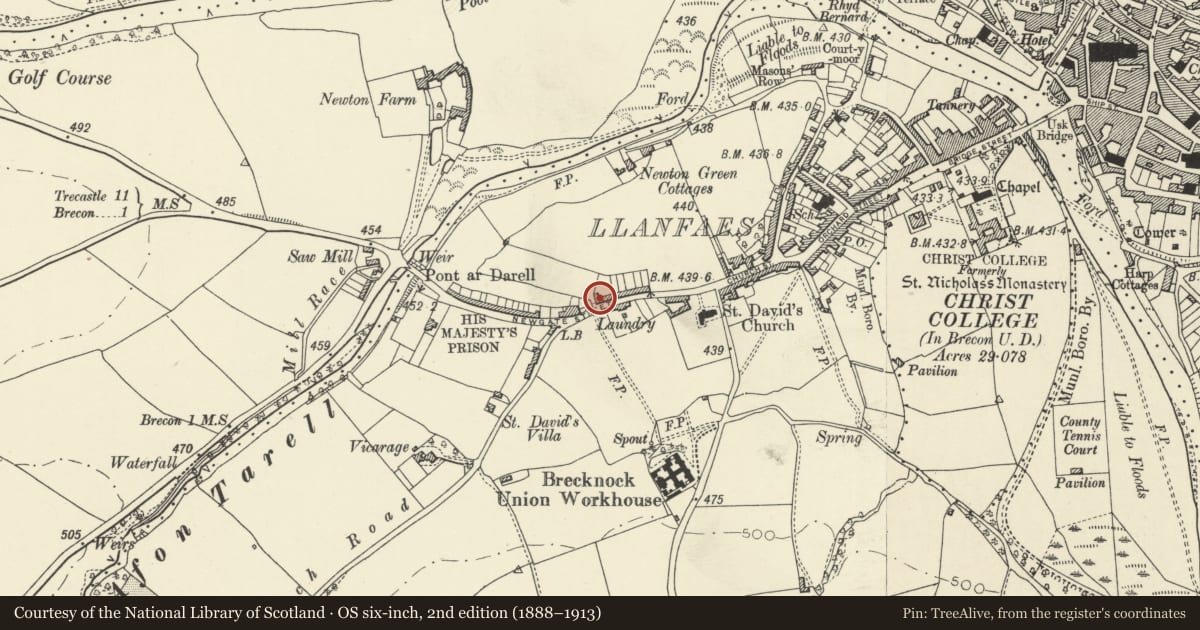 Ordnance Survey six-inch map, 2nd edition (1888–1913) covering the location of No.18 Llandaff Row (Old Castle Farm B & B), Brecon, Powys, with a pin at the register's coordinates