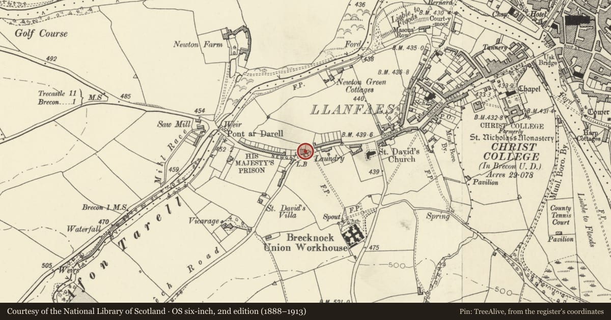 Ordnance Survey six-inch map, 2nd edition (1888–1913) covering the location of No.20 Llandaff Row, Brecon, Powys, with a pin at the register's coordinates