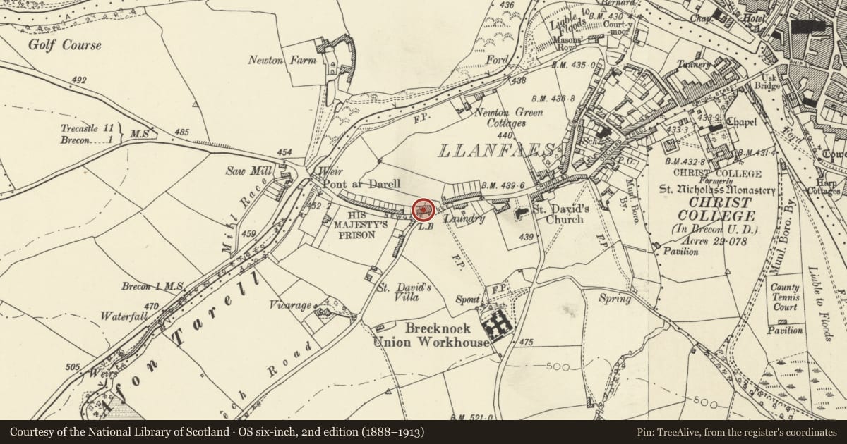 Ordnance Survey six-inch map, 2nd edition (1888–1913) covering the location of Drover's Arms, Brecon, Powys, with a pin at the register's coordinates