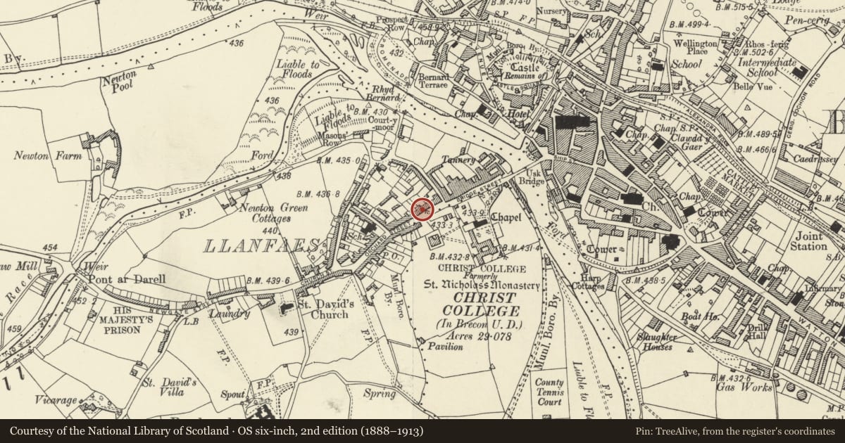 Ordnance Survey six-inch map, 2nd edition (1888–1913) covering the location of 8 Orchard Street, Brecon, Powys, with a pin at the register's coordinates