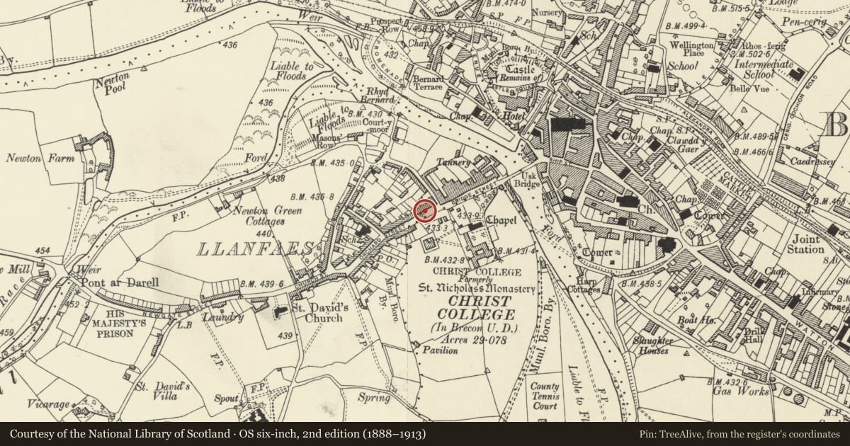 Ordnance Survey six-inch map, 2nd edition (1888–1913) covering the location of Stone Setts in front of Nos.3-9 Orchard Street, and Stone Flags in front of Nos.6-8 Orchard Street, Brecon, Powys, with a pin at the register's coordinates