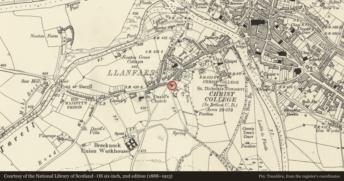 Ordnance Survey six-inch map, 2nd edition (1888–1913) covering the location of Orchard House, Brecon, Powys, with a pin at the register's coordinates