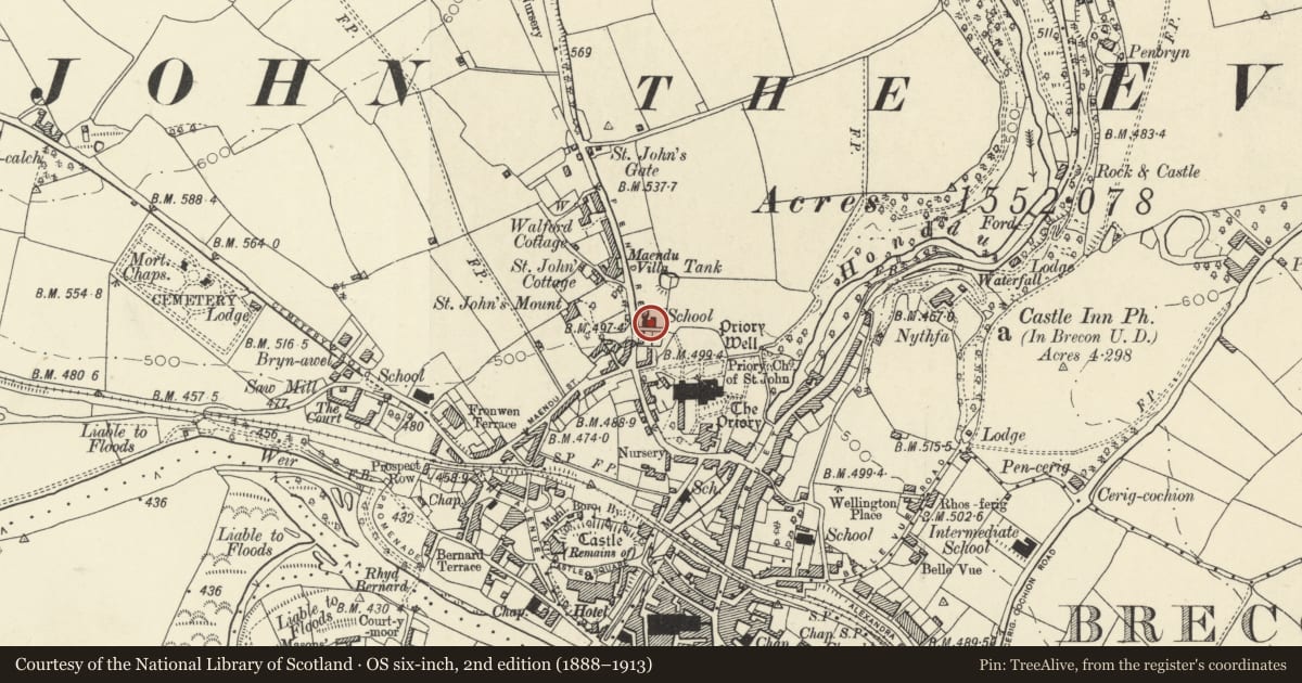 Ordnance Survey six-inch map, 2nd edition (1888–1913) covering the location of Community Centre, including Boundary and Retaining Walls, Brecon, Powys, with a pin at the register's coordinates
