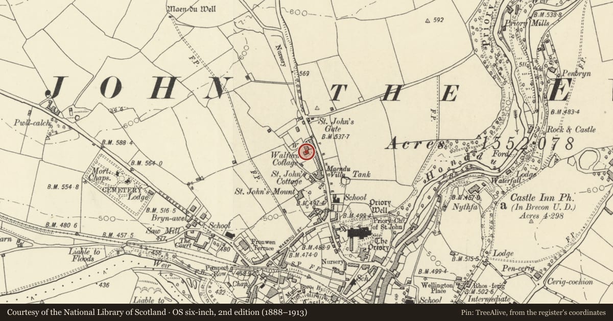 Ordnance Survey six-inch map, 2nd edition (1888–1913) covering the location of Tawelfa, Brecon, Powys, with a pin at the register's coordinates