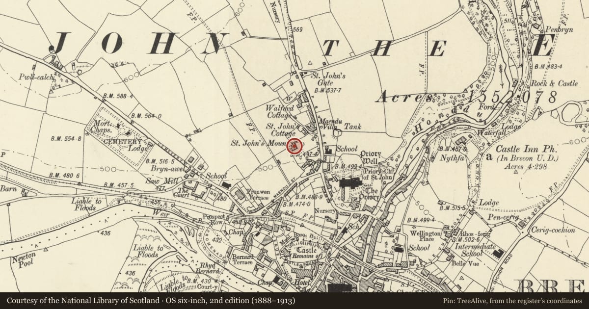 Ordnance Survey six-inch map, 2nd edition (1888–1913) covering the location of St John's Mount & Mews Cottage, Brecon, Powys, with a pin at the register's coordinates