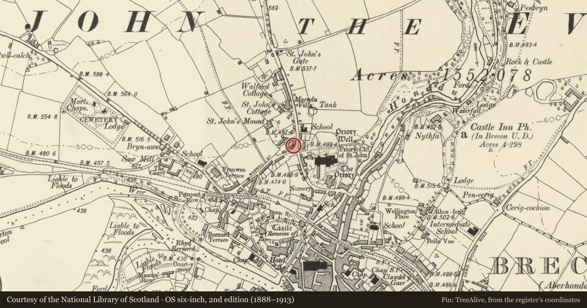 Ordnance Survey six-inch map, 2nd edition (1888–1913) covering the location of No.5 St John's Terrace, Brecon, Powys, with a pin at the register's coordinates