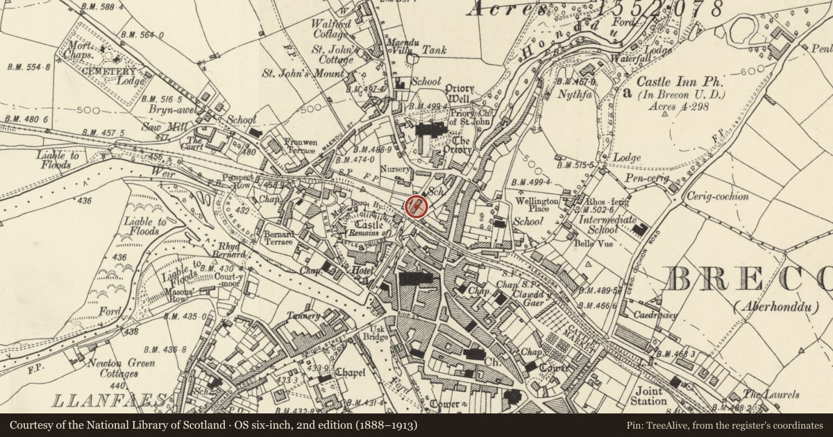 Ordnance Survey six-inch map, 2nd edition (1888–1913) covering the location of Postern House, Brecon, Powys, with a pin at the register's coordinates