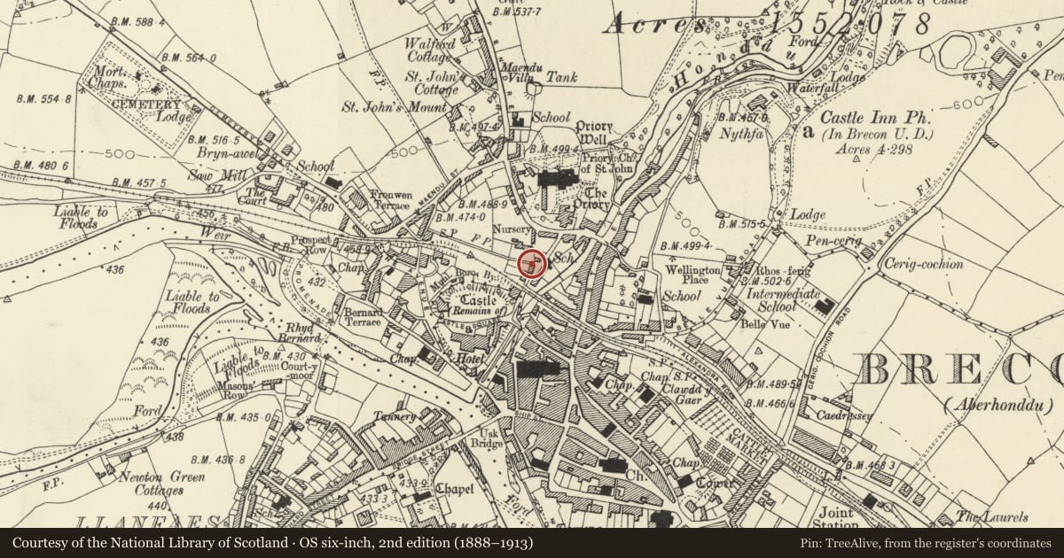 Ordnance Survey six-inch map, 2nd edition (1888–1913) covering the location of 5 The Postern, including Forecourt Wall and Railings, Brecon, Powys, with a pin at the register's coordinates