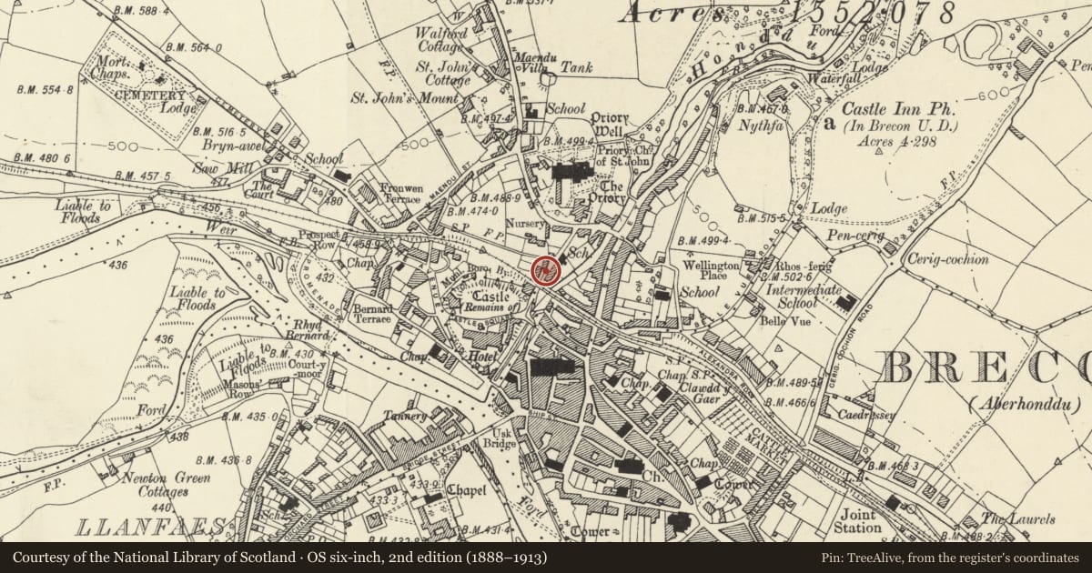Ordnance Survey six-inch map, 2nd edition (1888–1913) covering the location of Garden Retaining Walls & Railings to Nos.9 & 10 The Postern, Brecon, Powys, with a pin at the register's coordinates