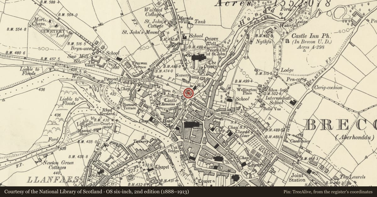 Ordnance Survey six-inch map, 2nd edition (1888–1913) covering the location of Garden Retaining Wall to Nos.11 & 12 The Postern, Brecon, Powys, with a pin at the register's coordinates