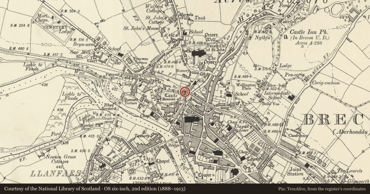 Ordnance Survey six-inch map, 2nd edition (1888–1913) covering the location of Ely House, Brecon, Powys, with a pin at the register's coordinates