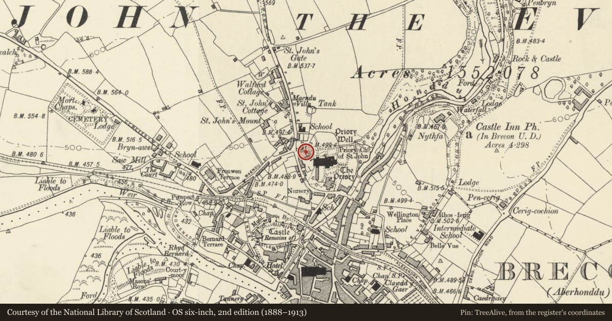 Ordnance Survey six-inch map, 2nd edition (1888–1913) covering the location of Lychgate and Flanking Walls, Brecon, Powys, with a pin at the register's coordinates