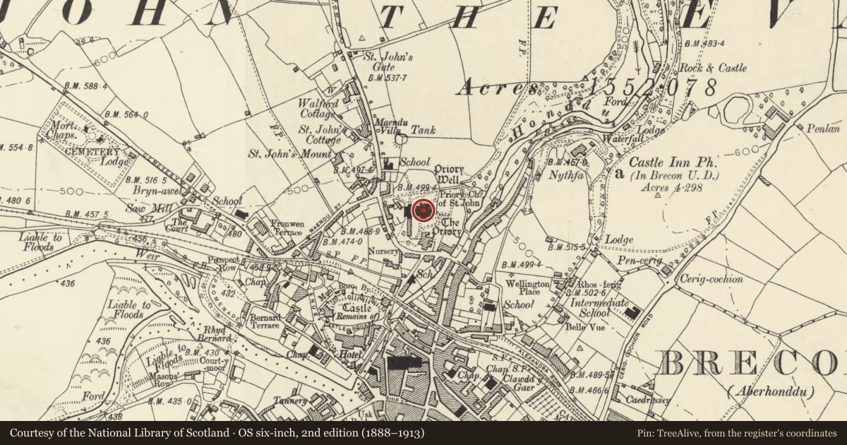 Ordnance Survey six-inch map, 2nd edition (1888–1913) covering the location of Cathedral Church of St John the Evangelist, Brecon, Powys, with a pin at the register's coordinates