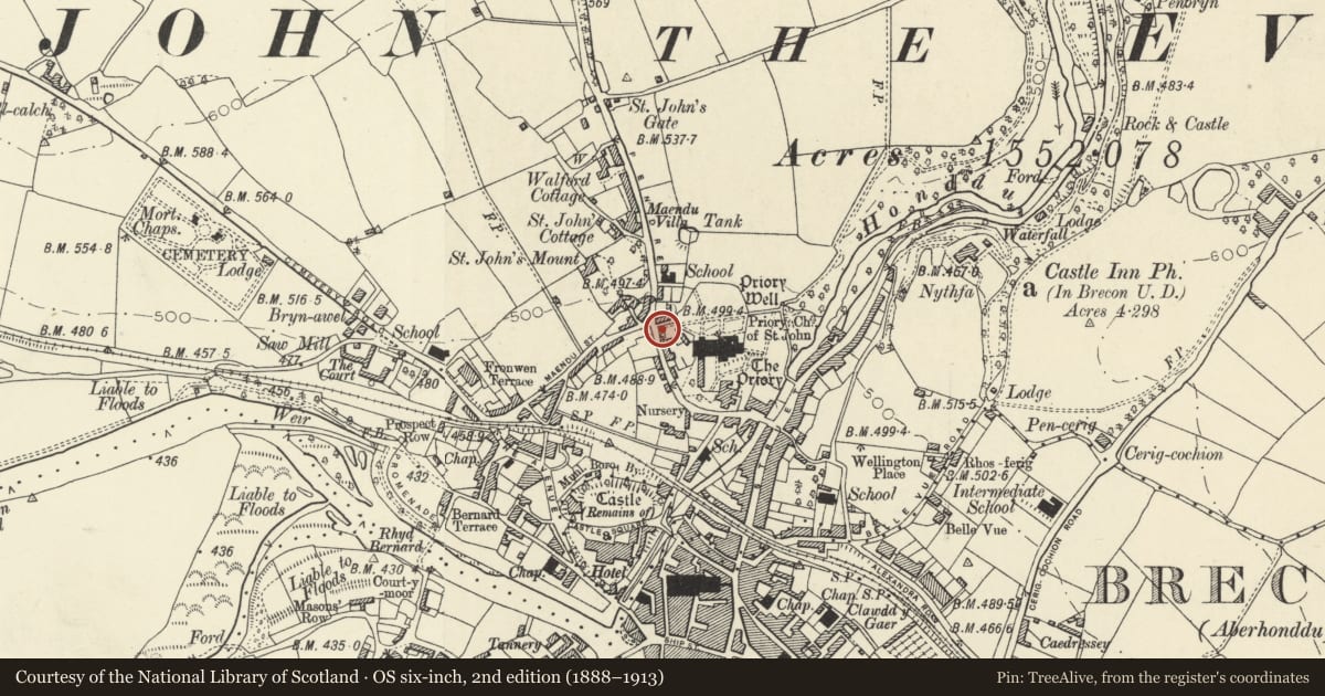 Ordnance Survey six-inch map, 2nd edition (1888–1913) covering the location of Priory Walls, including North, West and Postern Gateways, Brecon, Powys, with a pin at the register's coordinates