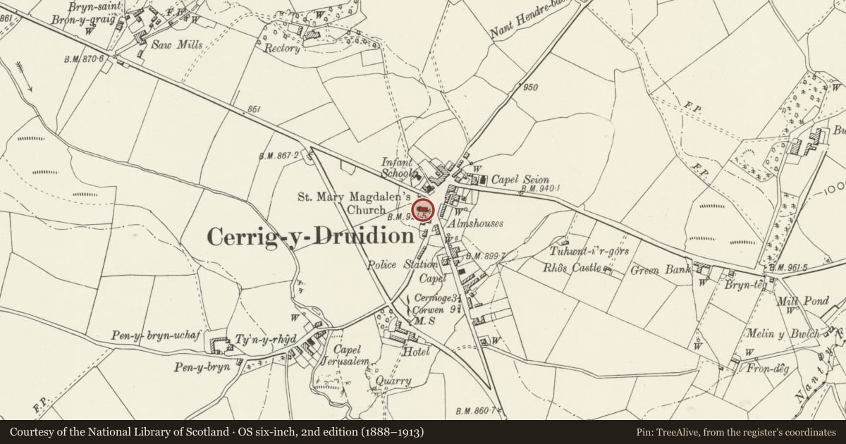 Ordnance Survey six-inch map, 2nd edition (1888–1913) covering the location of Church of St Mary Magdalene, Cerrigydrudion, Conwy, with a pin at the register's coordinates