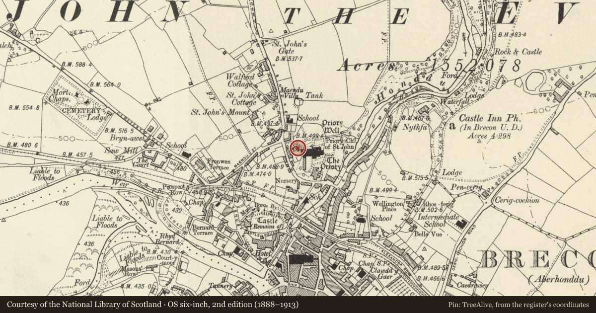 Ordnance Survey six-inch map, 2nd edition (1888–1913) covering the location of The Almonry, Brecon, Powys, with a pin at the register's coordinates