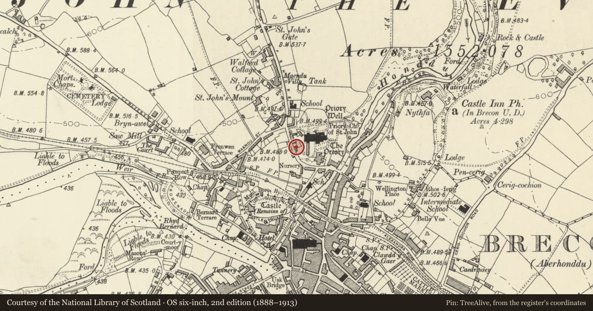 Ordnance Survey six-inch map, 2nd edition (1888–1913) covering the location of Tithe Barn, Brecon Cathedral, Powys, with a pin at the register's coordinates
