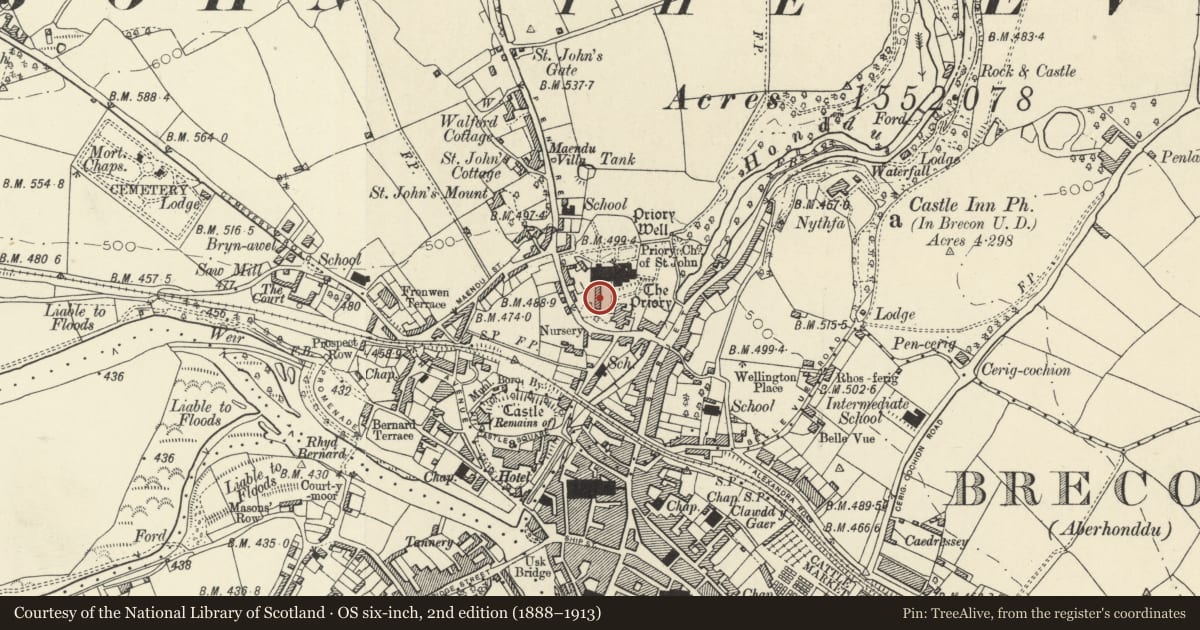 Ordnance Survey six-inch map, 2nd edition (1888–1913) covering the location of The Deanery and Vestries, Cathedral of St John the Evangelist, Brecon, Powys, with a pin at the register's coordinates
