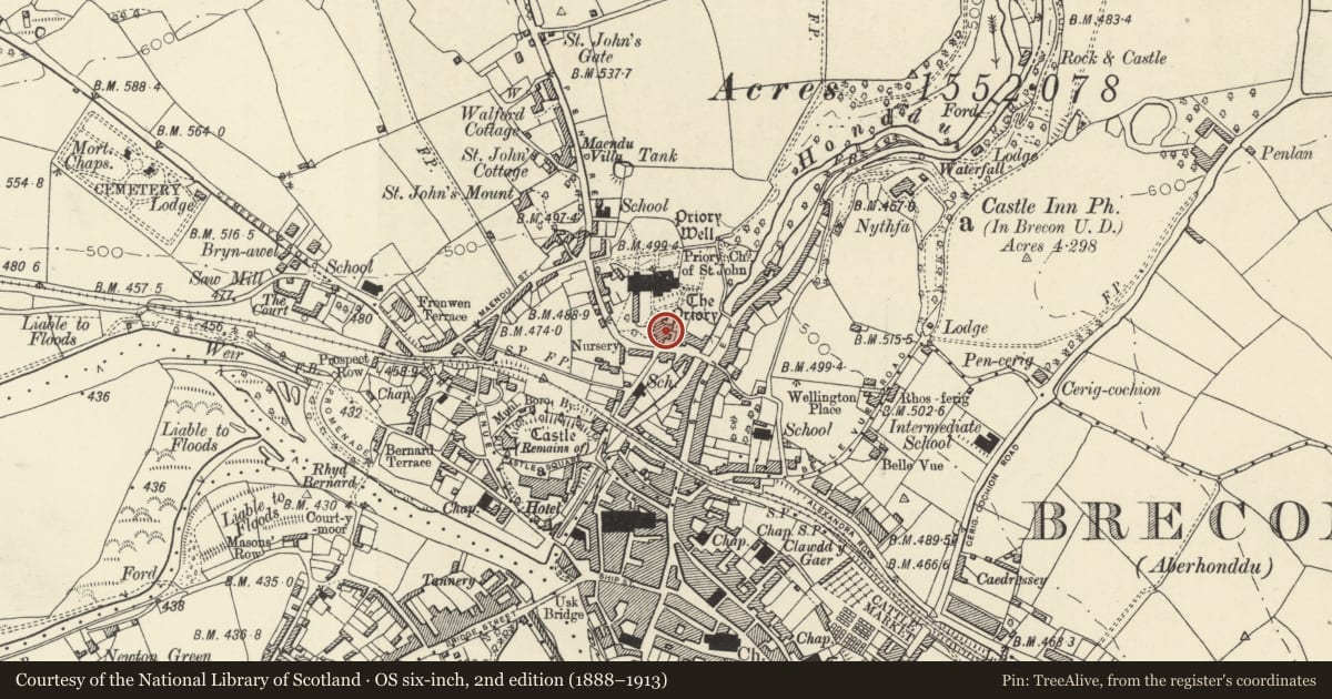 Ordnance Survey six-inch map, 2nd edition (1888–1913) covering the location of Chapter House and Diocesan Centre (with Canonry Flat and Clergy House), Brecon, Powys, with a pin at the register's coordinates