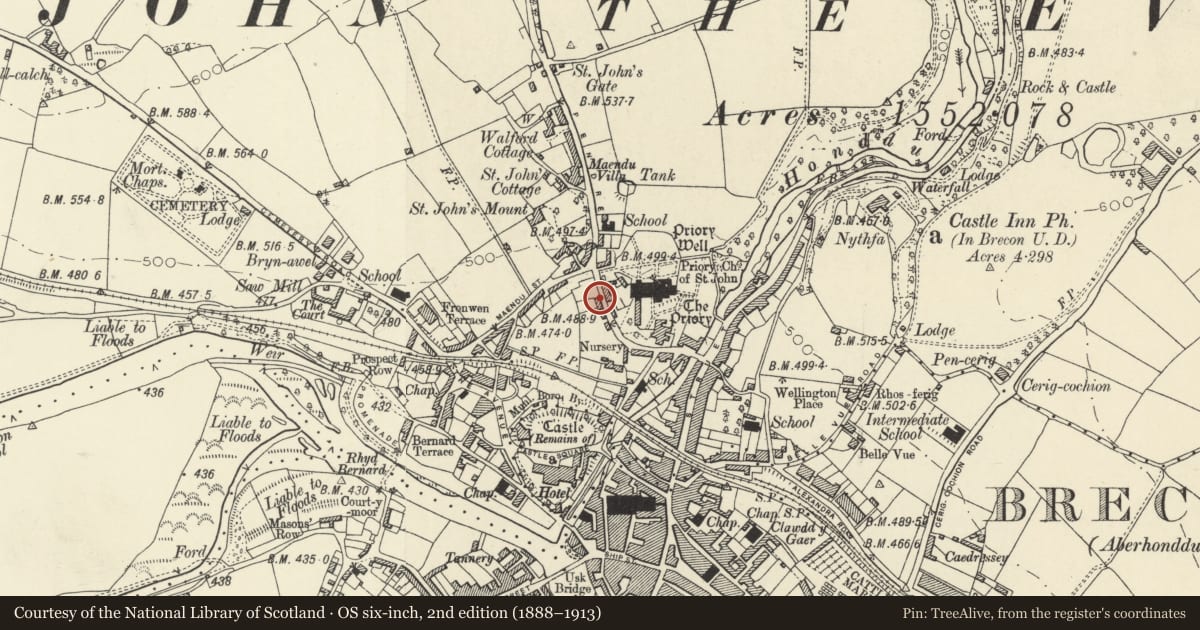 Ordnance Survey six-inch map, 2nd edition (1888–1913) covering the location of 1 Priory Hill, Brecon, Powys, with a pin at the register's coordinates