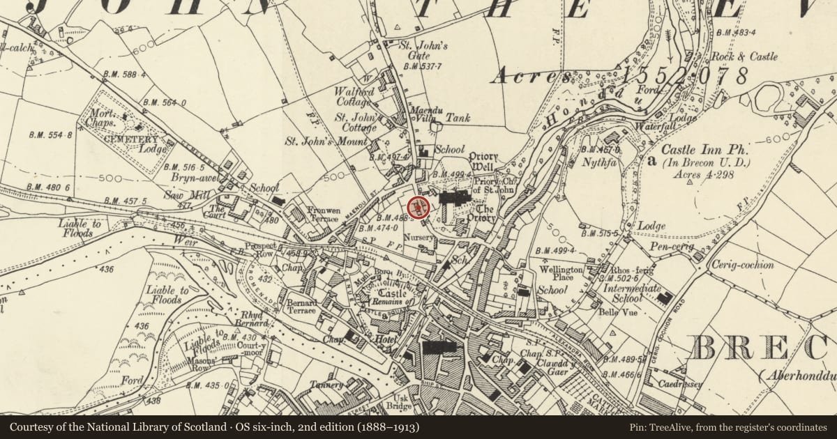 Ordnance Survey six-inch map, 2nd edition (1888–1913) covering the location of 3 Priory Hill, Brecon, Powys, with a pin at the register's coordinates