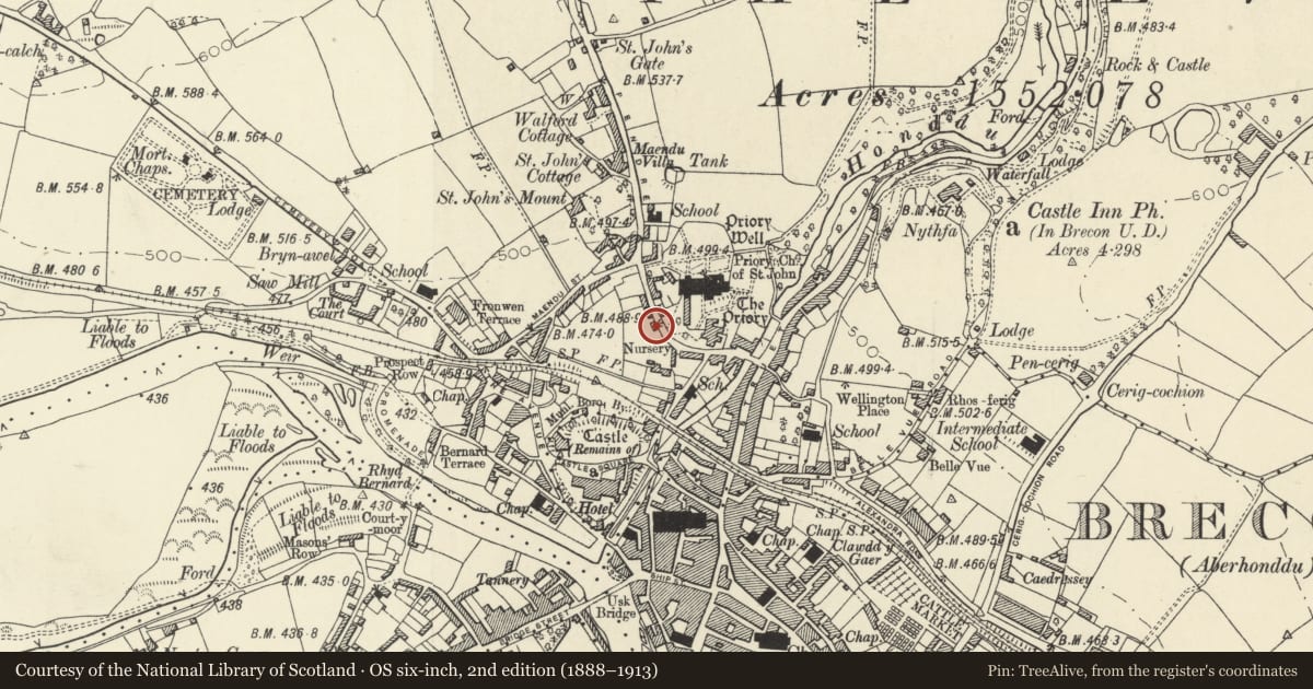 Ordnance Survey six-inch map, 2nd edition (1888–1913) covering the location of Priory Lodge, Brecon, Powys, with a pin at the register's coordinates